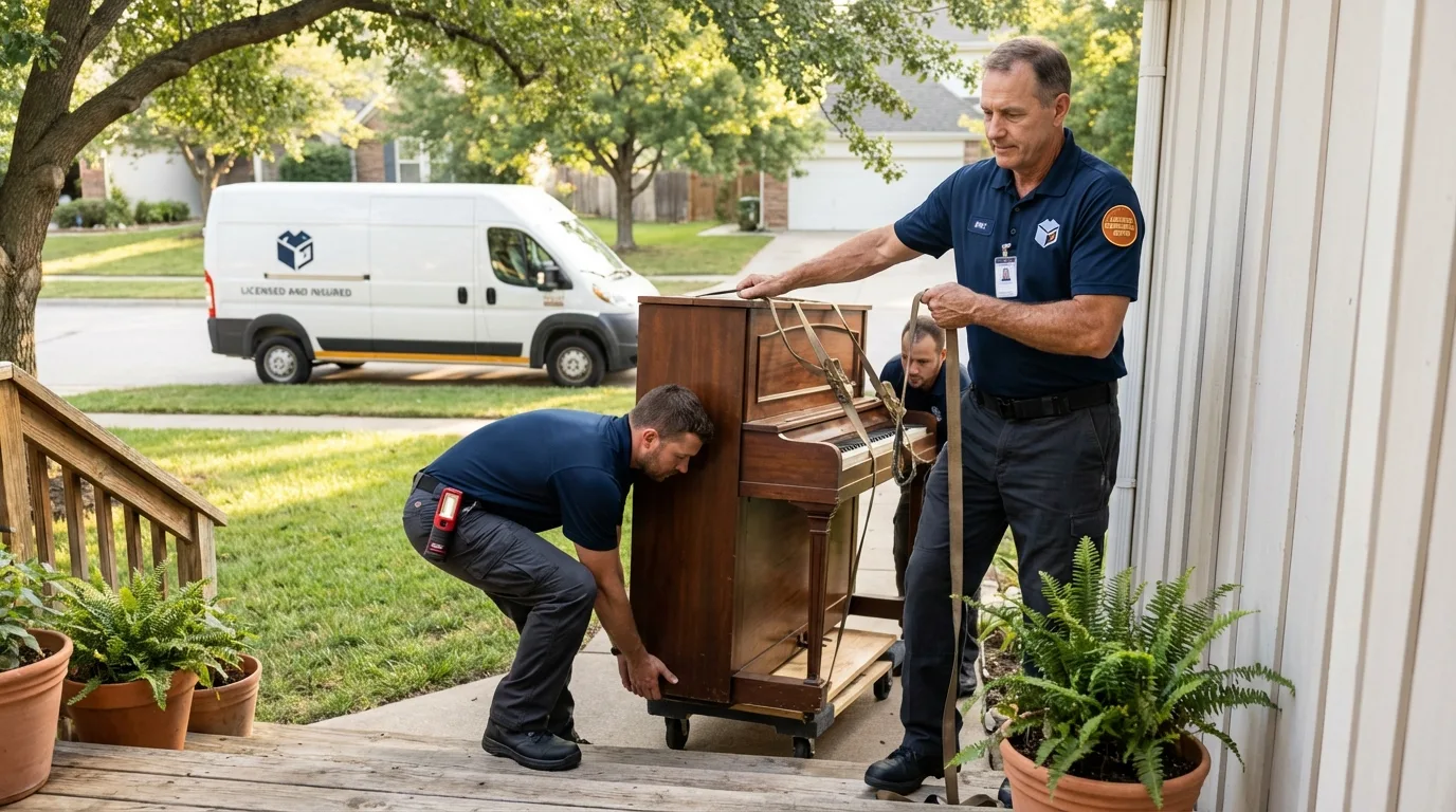 Licensed piano movers securing grand piano in Brookline, NH