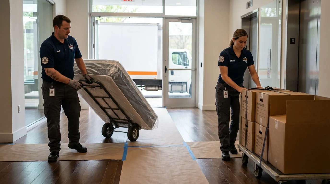 Professional apartment movers loading elevator in Brookline, NH