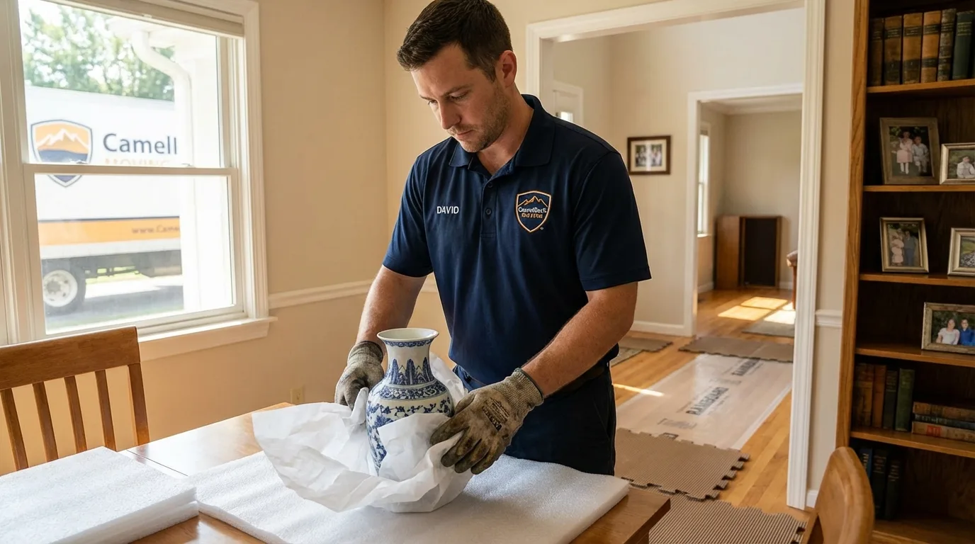 Professional crew carefully wrapping antique vase for senior downsizing move in Brookline, NH